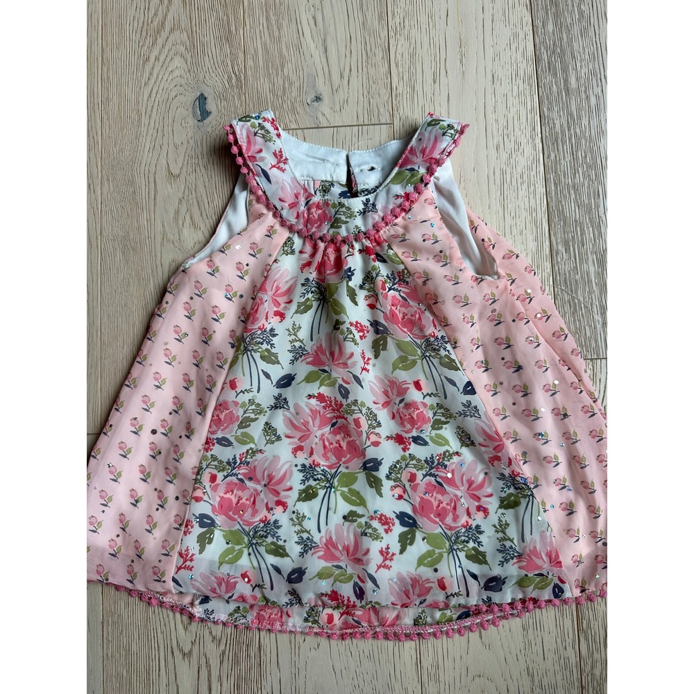 Little Lass Toddler Girls Pink Floral Sequin Pom Pom Trim Dress 2T